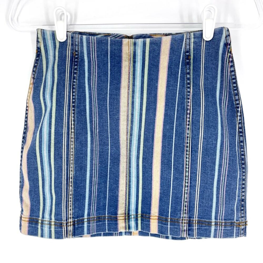 Wild Fable Denim Mini Skirt Muted Stripes Blue Yellow Pink Green 4